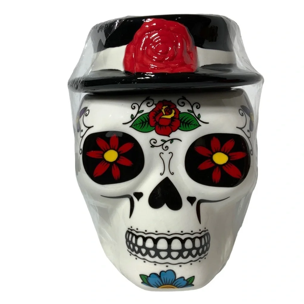 Canister Jar Sugar Skull Ceramic Hand Painted With Lid Colorful Multicolor White